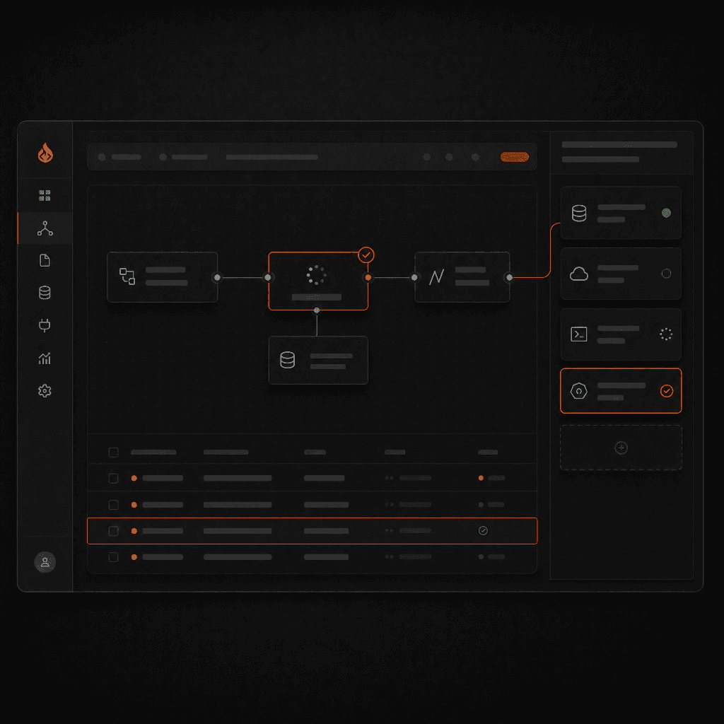 Interface de web app com módulos, dados e integrações conectadas.