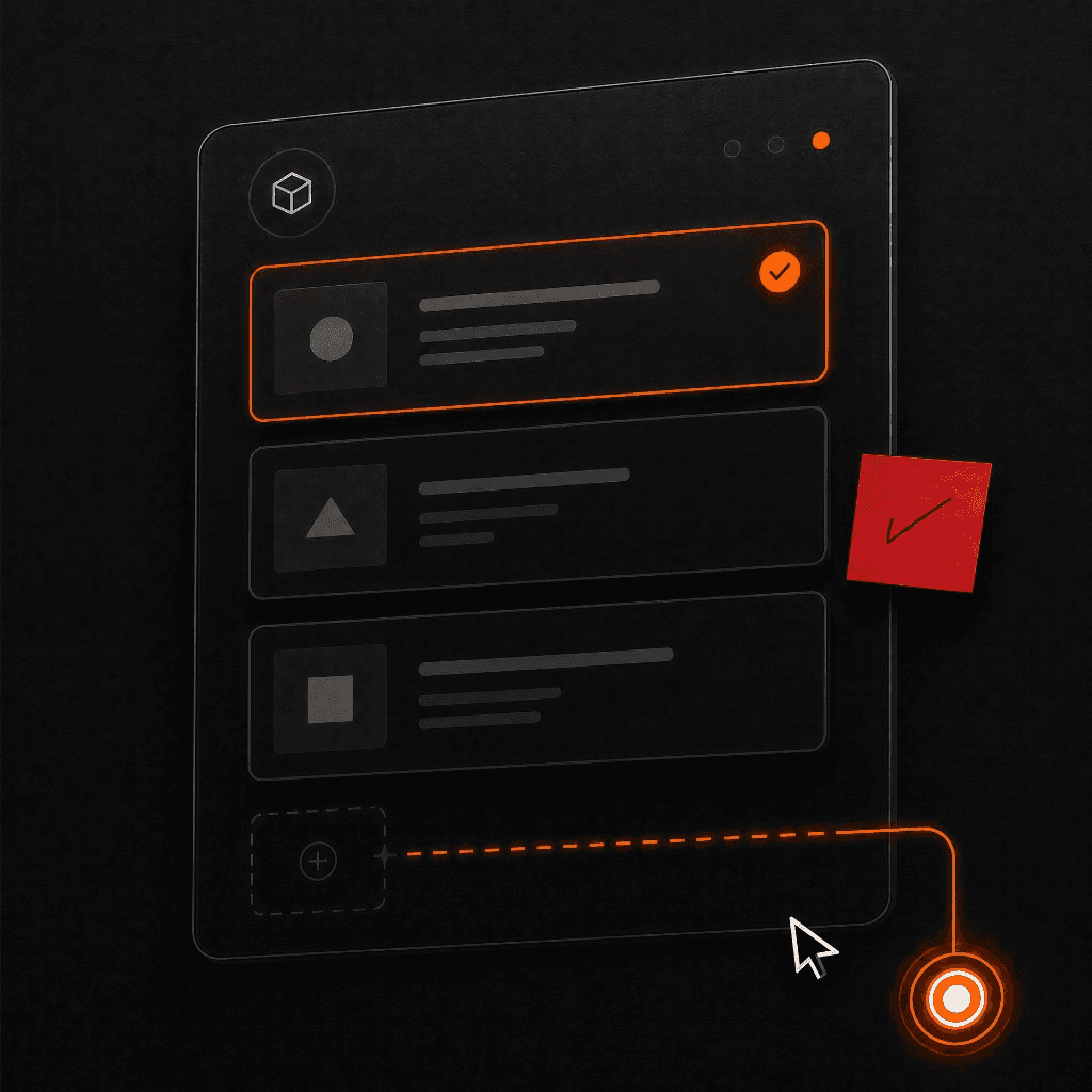 Painel de interface digital com uma ação destacada e um fluxo laranja até o objetivo.